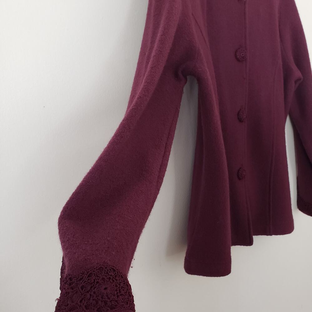 Kate Hill Wool Sweater Jacket Crocheted Details & Buttons Magenta Size Large P - Picture 5 of 9